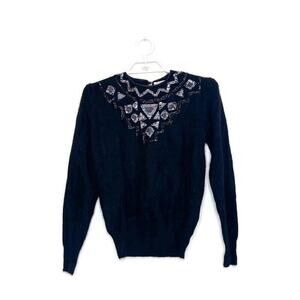 Vtg ANNE KLEIN Women's Black Lambswool Angora Beaded Fuzzy Sweater Secretary - L